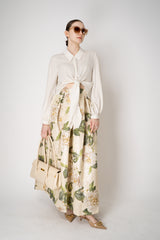 Lunatica Milano Maxi Pleated Brocade Skirt with Lurex Thread in Ivory Roses Print Vancouver. Shop Online or in Store.