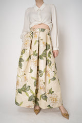 Lunatica Milano Maxi Pleated Brocade Skirt with Lurex Thread in Ivory Roses Print Vancouver. Shop Online or in Store.