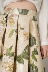 Lunatica Milano Maxi Pleated Brocade Skirt with Lurex Thread in Ivory Roses Print Vancouver. Shop Online or in Store.
