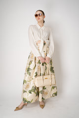 Lunatica Milano Maxi Pleated Brocade Skirt with Lurex Thread in Ivory Roses Print Vancouver. Shop Online or in Store.