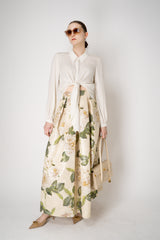 Lunatica Milano Maxi Pleated Brocade Skirt with Lurex Thread in Ivory Roses Print Vancouver. Shop Online or in Store.