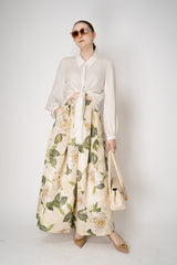 Lunatica Milano Maxi Pleated Brocade Skirt with Lurex Thread in Ivory Roses Print Vancouver. Shop Online or in Store.