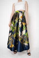 Lunatica Milano Satin Maxi Pleated Skirt in Tropical Botanical Print Vancouver. Shop Online or in Store.