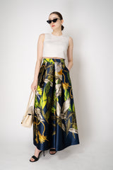 Lunatica Milano Satin Maxi Pleated Skirt in Tropical Botanical Print Vancouver. Shop Online or in Store.