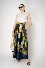 Lunatica Milano Satin Maxi Pleated Skirt in Tropical Botanical Print Vancouver. Shop Online or in Store.
