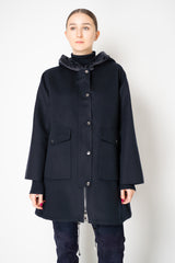 Manzoni 24 Loro Piana Wool Cashmere A-line Hooded Coat in Navy Vancouver. Shop Online or in Store.