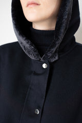 Manzoni 24 Loro Piana Wool Cashmere A-line Hooded Coat in Navy Vancouver. Shop Online or in Store.