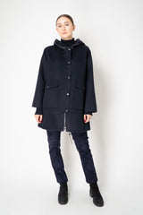 Manzoni 24 Loro Piana Wool Cashmere A-line Hooded Coat in Navy Vancouver. Shop Online or in Store.