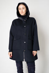 Manzoni 24 Loro Piana Wool Cashmere A-line Hooded Coat in Navy Vancouver. Shop Online or in Store.