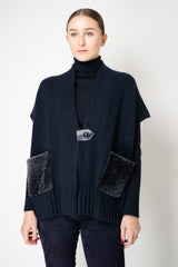 Manzoni 24 Wool Cashmere Knit Poncho with Shearling Pockets in Navy Vancouver. Shop Online or in Store