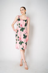 Dolce & Gabbana Satin Calf-Length Sheath Dress with Rose Print