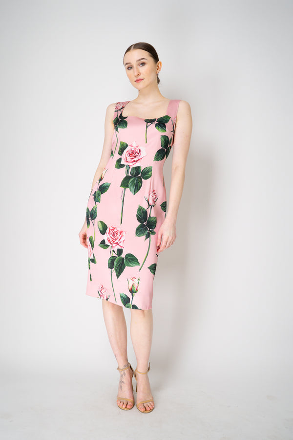 Dolce & Gabbana Satin Calf-Length Sheath Dress with Rose Print