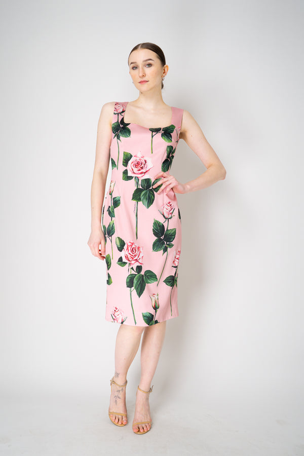 Dolce & Gabbana Satin Calf-Length Sheath Dress with Rose Print