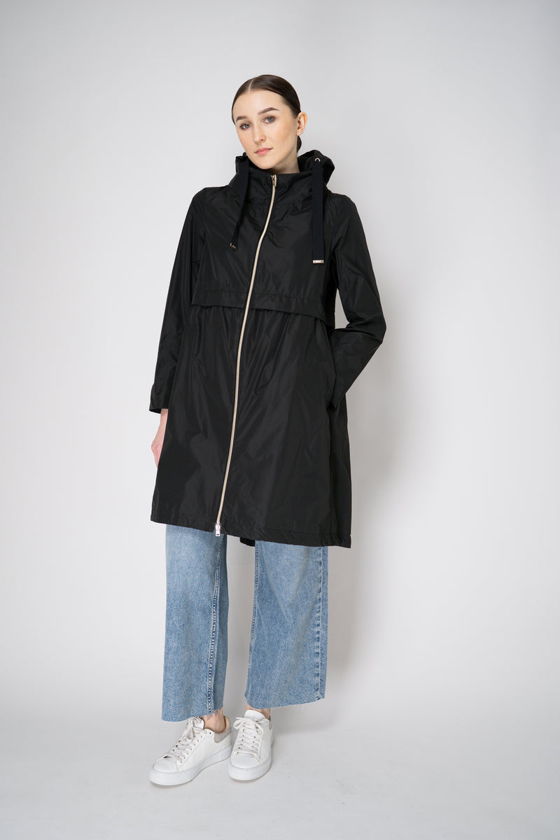 Herno Knee Length Hooded Taffeta Coat in Black
