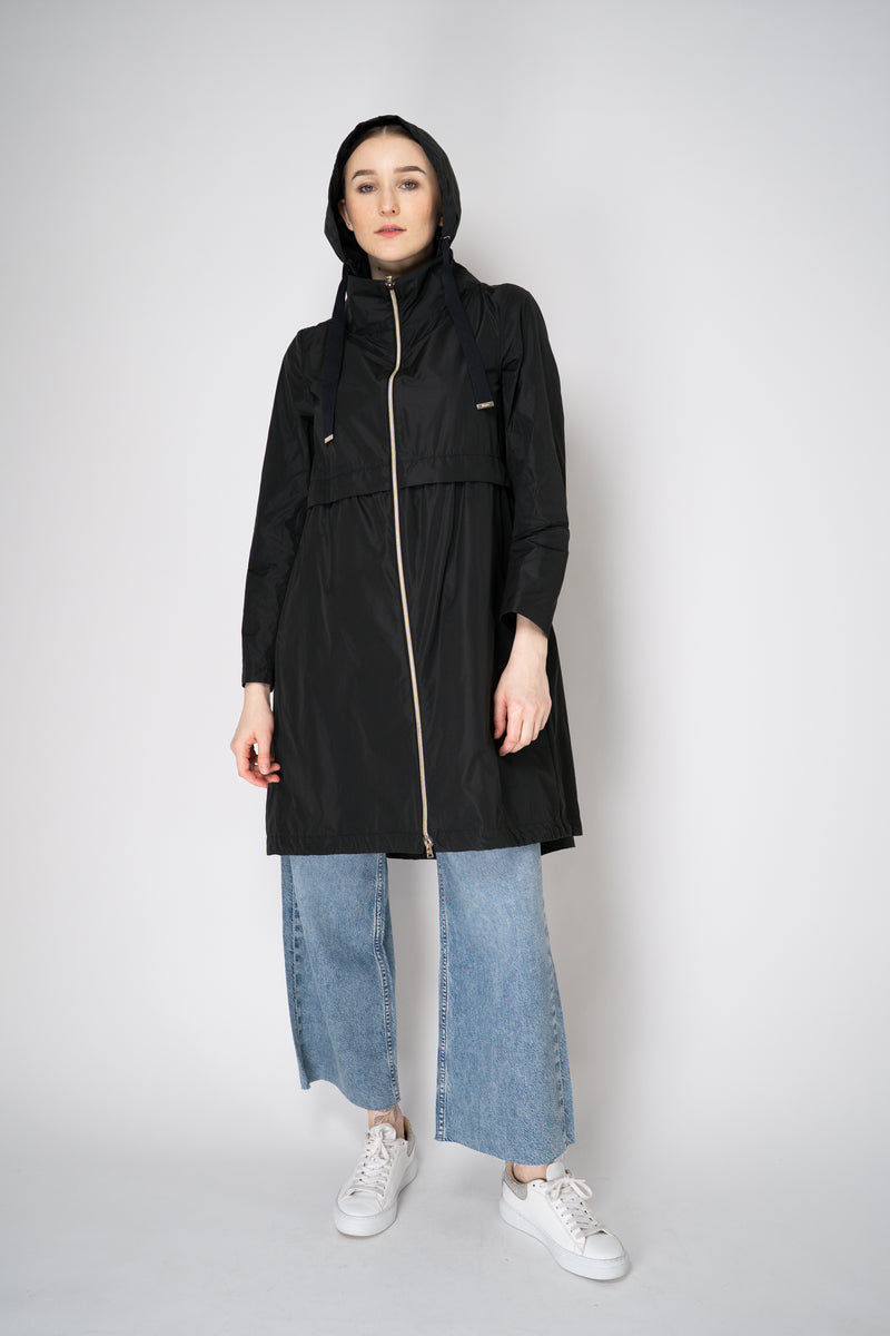 Herno Knee Length Hooded Taffeta Coat in Black