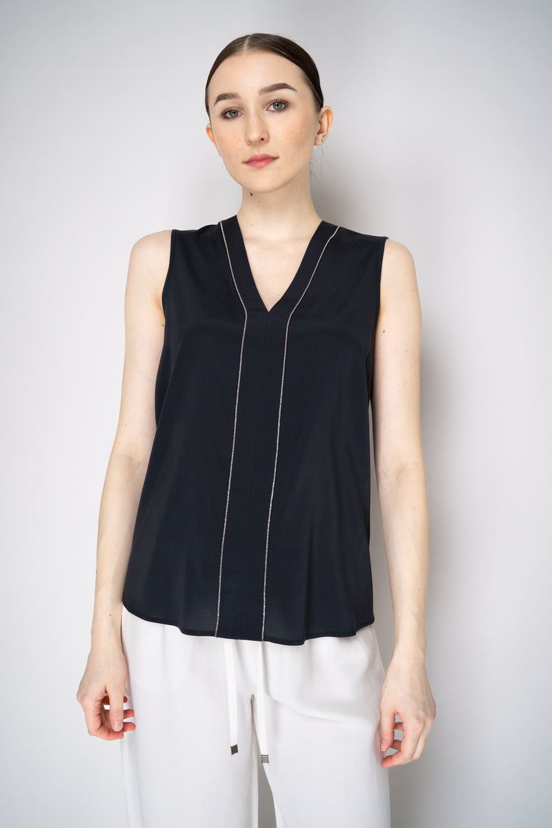 Peserico Silk V-Neck Tank Blouse in Navy