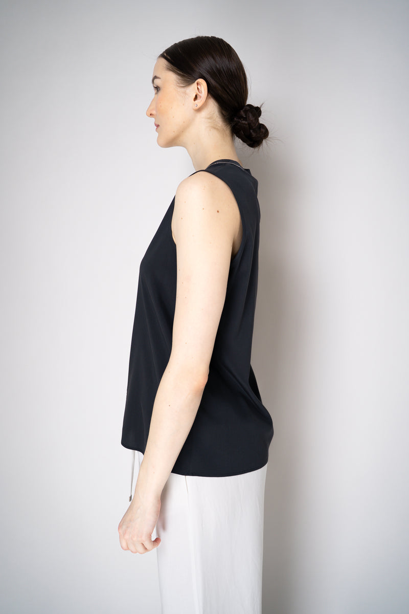 Peserico Silk V-Neck Tank Blouse in Navy