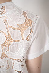 MeiMeiJ A-line Short Sleeve T-shirt with Floral Macramé Back in White Vancouver. Shop Online or in Store.