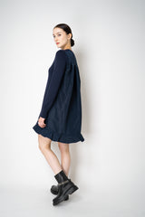 MeiMeiJ Ruffle Trim Knit Dress with Taffeta Back in Navy Vancouver. Shop Online or in Store.