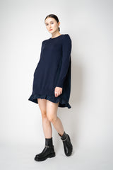 MeiMeiJ Ruffle Trim Knit Dress with Taffeta Back in Navy Vancouver. Shop Online or in Store.