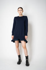 MeiMeiJ Ruffle Trim Knit Dress with Taffeta Back in Navy Vancouver. Shop Online or in Store.