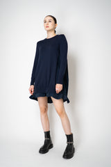 MeiMeiJ Ruffle Trim Knit Dress with Taffeta Back in Navy Vancouver. Shop Online or in Store.