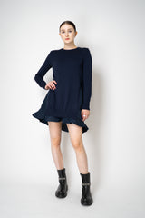 MeiMeiJ Ruffle Trim Knit Dress with Taffeta Back in Navy Vancouver. Shop Online or in Store.