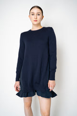 MeiMeiJ Ruffle Trim Knit Dress with Taffeta Back in Navy Vancouver. Shop Online or in Store.