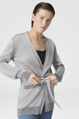Missoni Stretch Knit Viscose Cardigan with Tie Waist in Metallic Silver