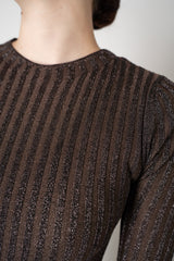 Missoni Long Sleeve Ribbed Knit Lurex Maxi Dress with Slit in Brown