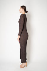 Missoni Long Sleeve Ribbed Knit Lurex Maxi Dress with Slit in Brown