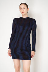Missoni Long Sleeve Ribbed Knit Lurex Mini Dress in Navy and Brown Vancouver. Shop Online or in Store.