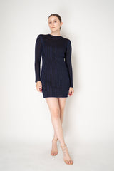 Missoni Long Sleeve Ribbed Knit Lurex Mini Dress in Navy and Brown Vancouver. Shop Online or in Store.