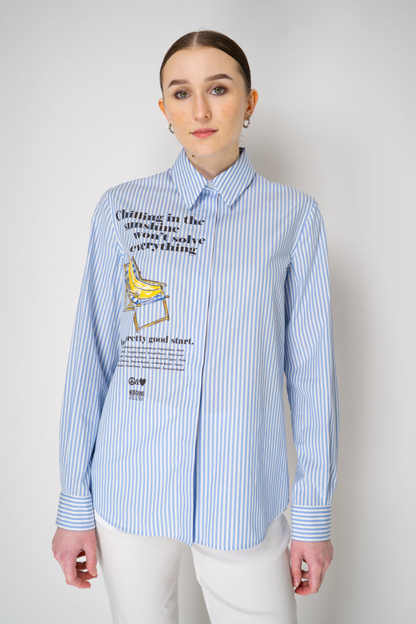 Moschino Jeans "Chilling in The Sunshine" Striped Poplin Button-Up in Blue Vancouver. Shop Online or in Store.