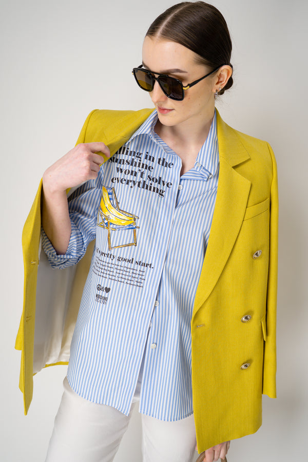 Moschino Jeans "Chilling in The Sunshine" Striped Poplin Button-Up in Blue Vancouver. Shop Online or in Store.