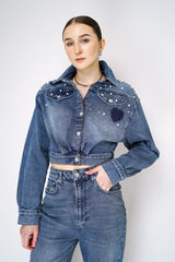 Moschino Jeans Cropped Denim Top Jacket with Pearl Embellishments Vancouver. Shop Online or in Store. 
