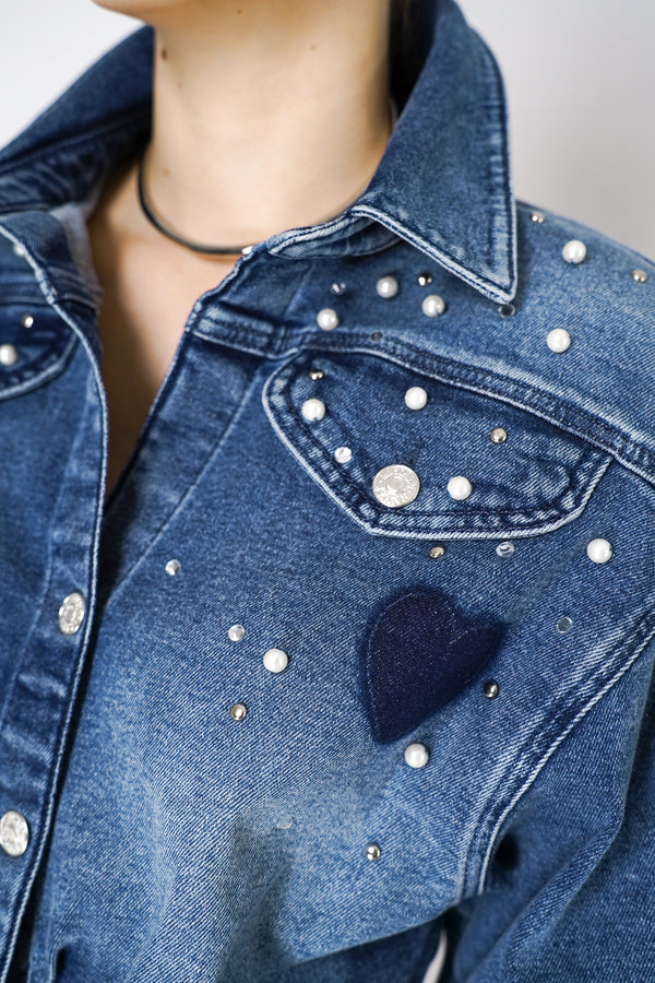 Moschino Jeans Cropped Denim Top Jacket with Pearl Embellishments Vancouver. Shop Online or in Store. 
