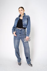 Moschino Jeans Cropped Denim Top Jacket with Pearl Embellishments Vancouver. Shop Online or in Store. 
