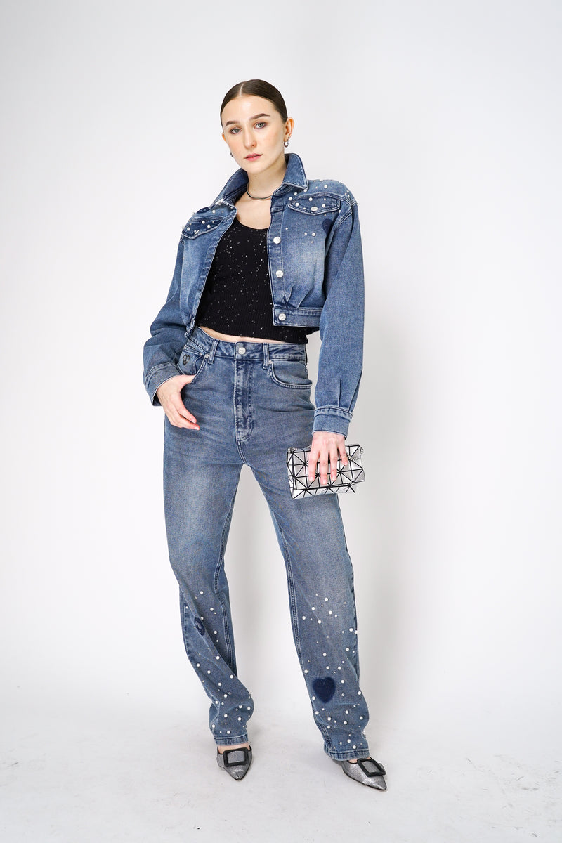 Moschino Jeans Cropped Denim Top Jacket with Pearl Embellishments Vancouver. Shop Online or in Store. 
