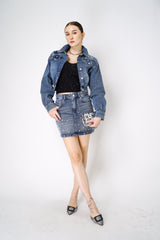 Moschino Jeans Cropped Denim Top Jacket with Pearl Embellishments Vancouver. Shop Online or in Store. 
