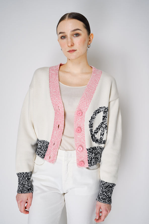 Moschino Jeans Cropped Knit Cardigan with Contrasting Pink Trims in Cream Vancouver. Shop Online or in Store
