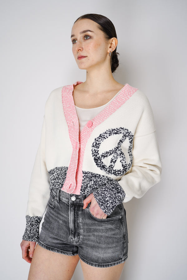 Moschino Jeans Cropped Knit Cardigan with Contrasting Pink Trims in Cream Vancouver. Shop Online or in Store