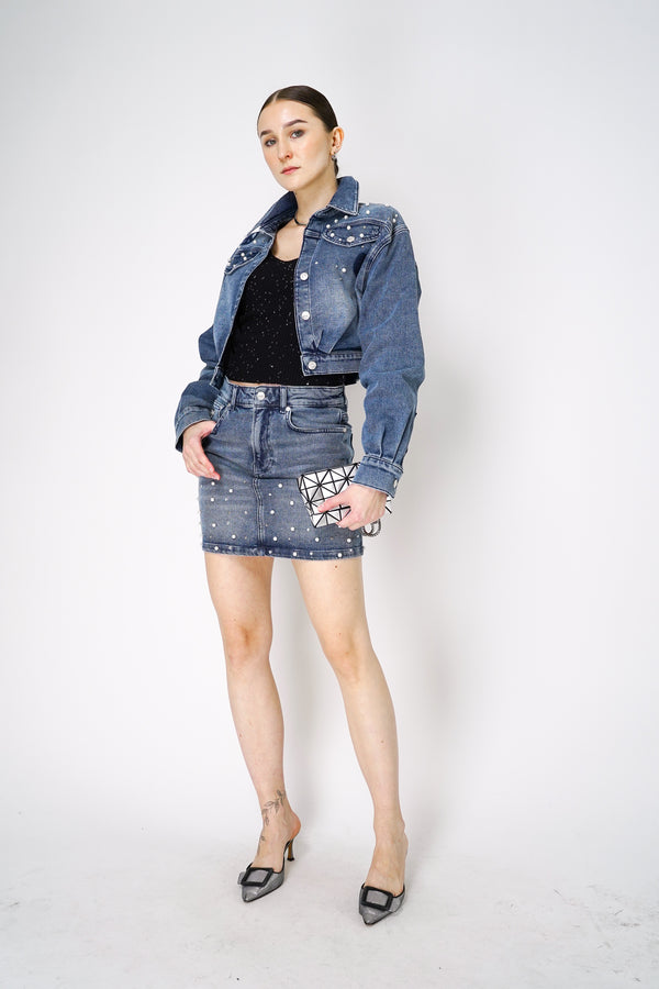 Moschino Jeans Denim Mini Skirt with Pearl Embellishments Vancouver. Shop Online or in Store. 
