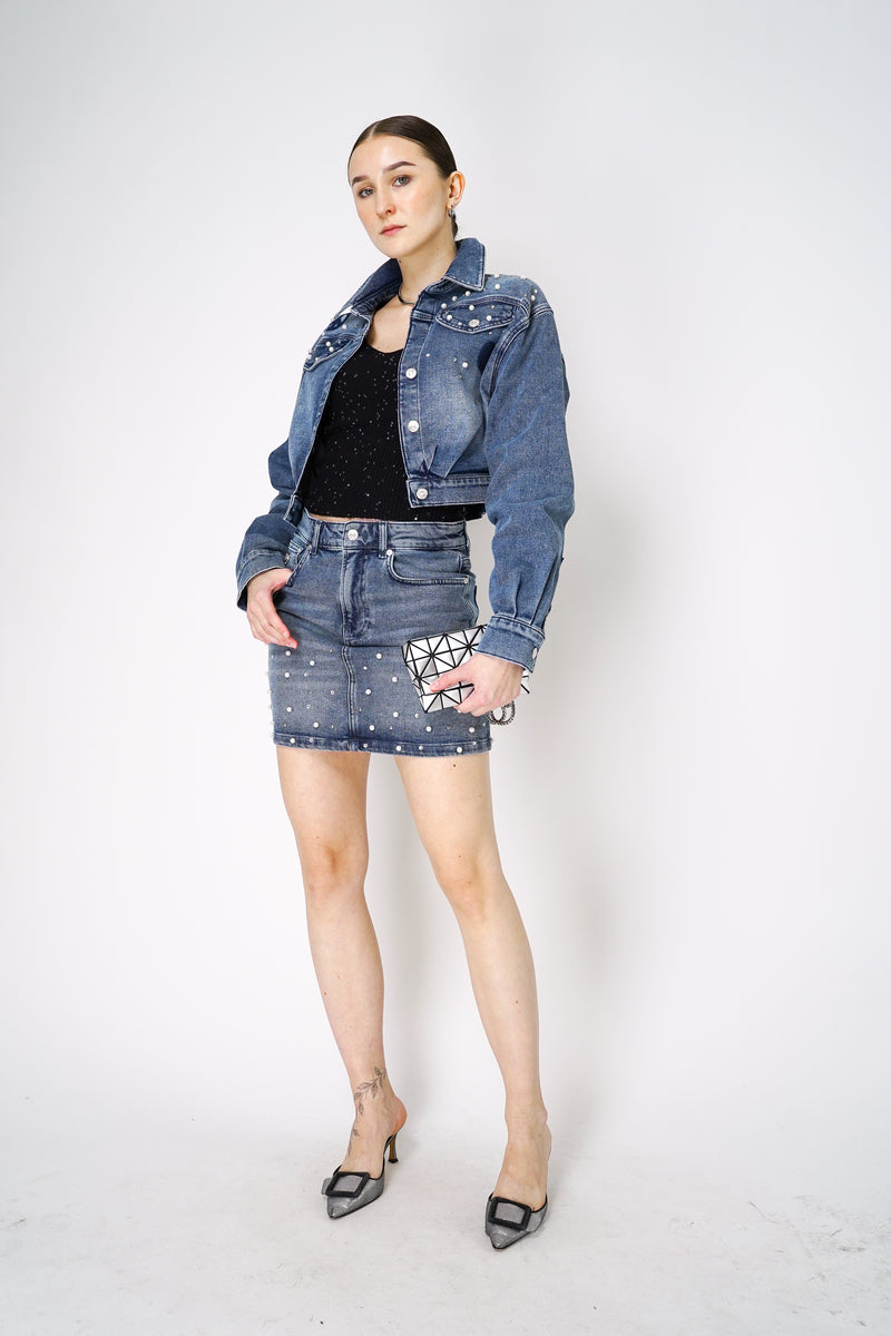 Moschino Jeans Denim Mini Skirt with Pearl Embellishments Vancouver. Shop Online or in Store. 

