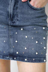 Moschino Jeans Denim Mini Skirt with Pearl Embellishments Vancouver. Shop Online or in Store. 
