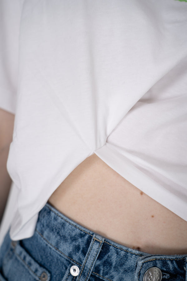 Moschino Jeans Embroidered T-Shirt with Side Faux French Tuck in White Vancouver. Shop Online or in Store.