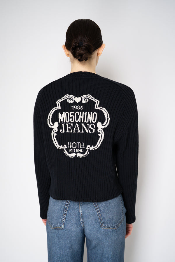 Moschino Jeans Knitted V-Neck Cardigan with Branded Logo at the Back in Black Vancouver. Shop Online or in Store.