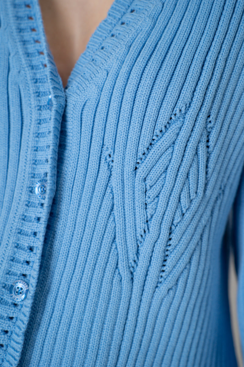 Moschino Jeans Knitted V-Neck Cardigan with Branded Logo at the Back in Blue Vancouver. Shop Online or in Store.