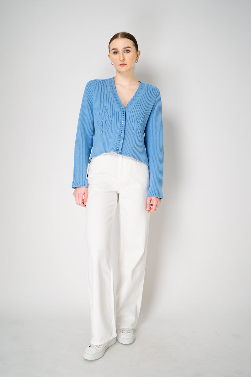 Moschino Jeans Knitted V-Neck Cardigan with Branded Logo at the Back in Blue Vancouver. Shop Online or in Store.