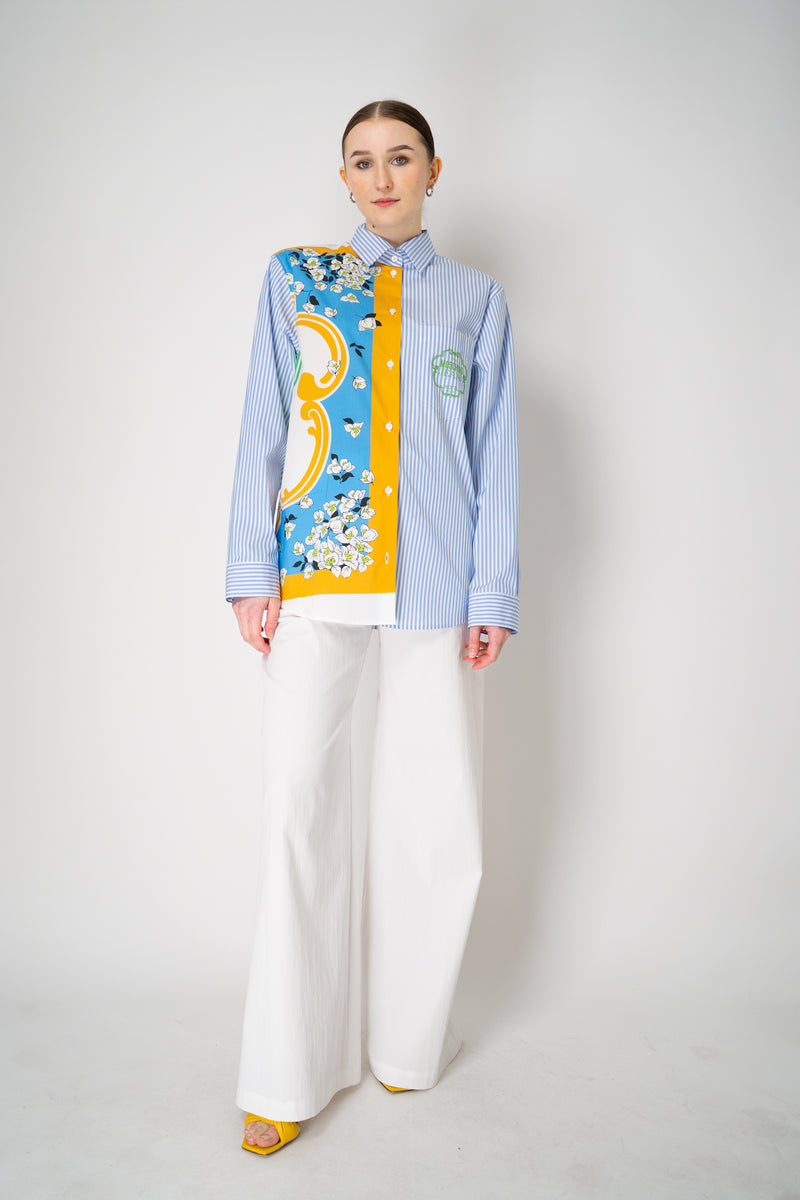 Moschino Jeans Patchwork Striped Poplin Button-Up in Multicolour Print Vancouver. Shop Online or in Store.